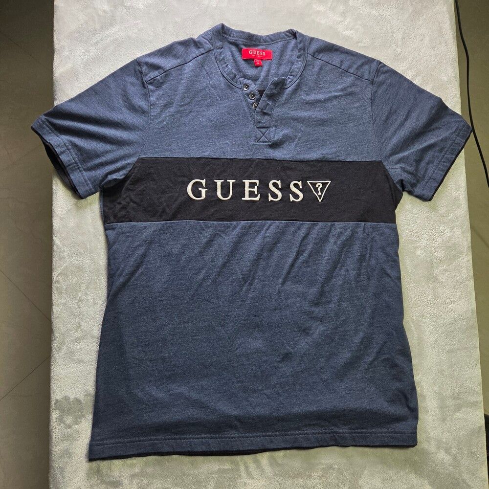 GUESS Men's Blue Black Colorblock Henley T-Shirt XL Short Sleeve - Picture 2 of 6